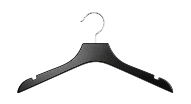 Sleek black clothes hanger, designed for garment storage and organization. Isolated on transparent background, png