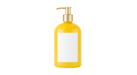 Yellow bottle of soap with gold pump dispenser and blank white label. Isolated on transparent background, png