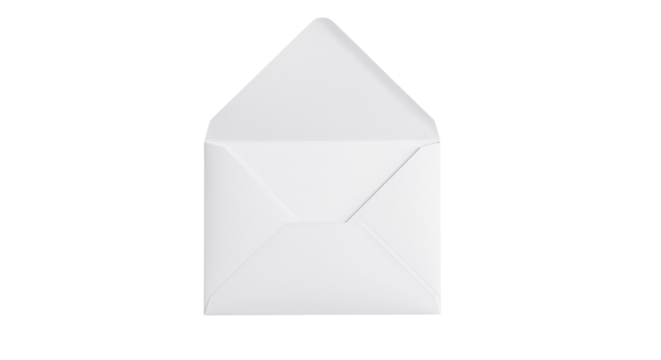 Open, white paper envelope, symbolising communication, letters, and sending a message. Isolated on transparent background, png