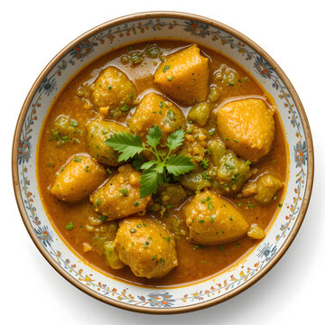 Traditional pointed gourd (parwal) curry served in a dish, cooked with spices in a flavorful gravy, isolated