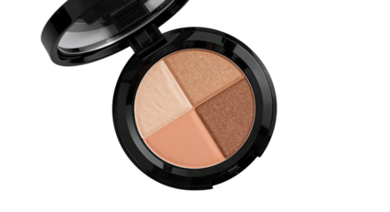 An open, round, black compact contains four shades of pressed face powder to enhance features. Isolated on transparent background, png
