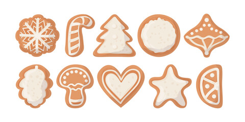 Gingerbread cookies collection. Merry christmas decorations vector set. Christmas biscuits illustration with  tree, star, heart, pin cone, snowflake, mushroom, candy cane. Set of festive decoration