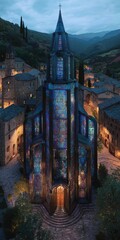 Gothic church tower, vibrant stained glass, nestled in a quaint village at dusk