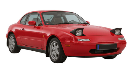 Obraz premium Bright red two-door sports car with unique headlight design, isolated on transparent background, png.