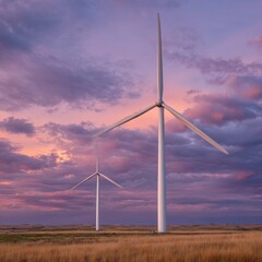 Two wind turbines stand tall against a dramatic sunset