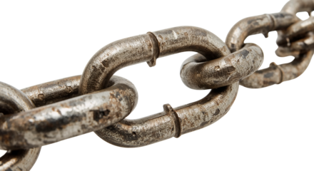 Close-up of weathered metal chain links, suggesting age and strength. isolated on transparent background, png.