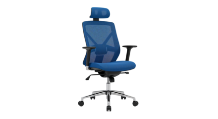 Ergonomic blue mesh office chair with adjustable headrest, lumbar support, and chrome base. isolated on transparent background, png.