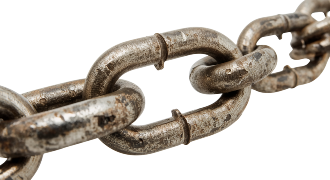 Close-up of weathered metal chain links, suggesting age and strength. isolated on transparent background, png.