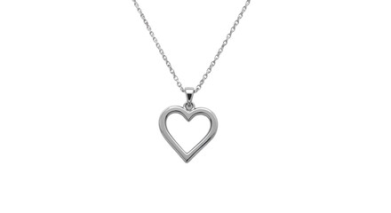Fototapeta premium Silver heart pendant hangs delicately from a fine chain, symbolizing love and connection. isolated on white background, png.