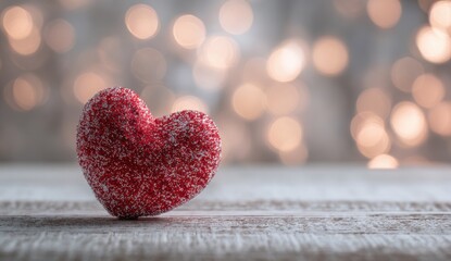 Red heart on a light wooden surface, bokeh background