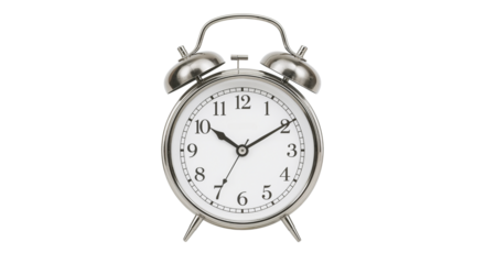 Classic silver alarm clock with bells, signaling a call to action isolated on white background, png.