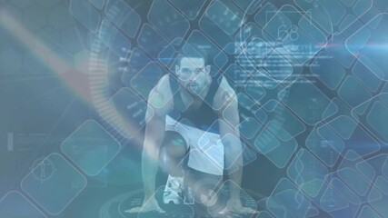 Male athlete initiating sprint by shifting forward and powering stride amid hex grid gauge overlays - Powered by Adobe