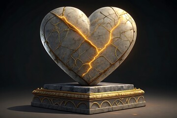 Cracked heart sculpture with golden kintsugi repairs symbolizing resilience and beauty