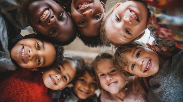 Group of diverse cheerful fun happy multiethnic children outdoors at the schoolyard	