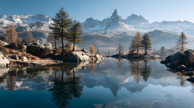 Tranquil mountain lake reflecting a serene alpine landscape with snow-capped peaks and trees.