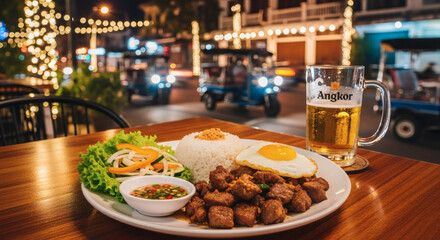 Authentic Beef Lok Lak Dish at an Outdoor Restaurant in Phnom Penh