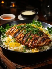Close up of grilled chicken breast slices on noodles with parsley and lemon wedges in a black bowl