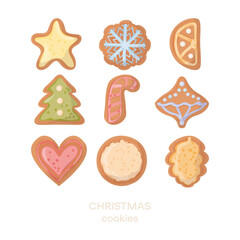 Gingerbread cookies collection. Merry christmas decorations vector set. Adorable festive biscuits illustration set with  tree, star, heart, pin cone, snowflake, candy cane.