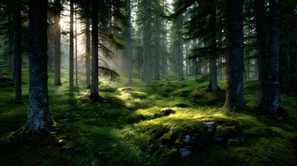 Obraz premium Sunlight streams through a misty forest, illuminating mossy ground and towering trees.