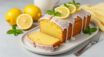 Fresh Lemon Loaf Cake with Icing and Lemon Slices on White Plate , Homemade Dessert with Mint Leaves and Citrus Decoration Isolated on White Background