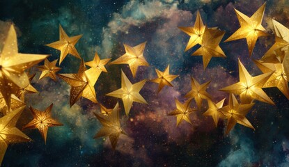 Golden stars scattered in a cosmic nebula