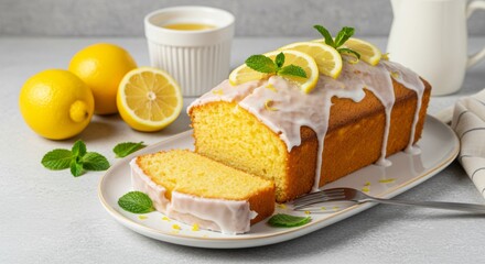 Fresh Lemon Loaf Cake with Icing and Lemon Slices on White Plate , Homemade Dessert with Mint Leaves and Citrus Decoration Isolated on White Background