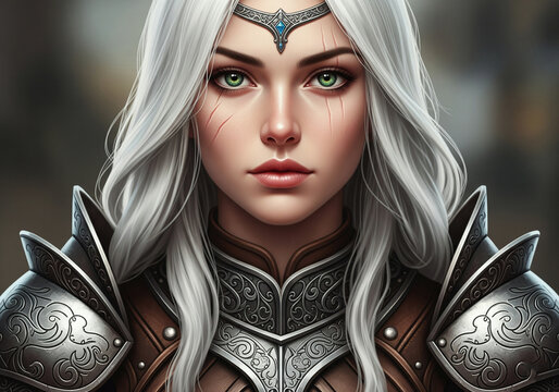 A close-up portrait of a beautiful fantasy warrior woman with white hair, green eyes, and scars