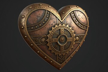 Steampunk heart design intricate gears rivets and brass textures romantic industrial art piece