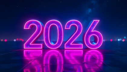 Glowing neon 2026 numbers with reflections on a shiny floor against a dark night sky.