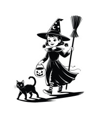 Black and white illustration of a young witch with a black cat