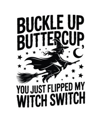 Obraz premium Black silhouette witch flying on broomstick with text