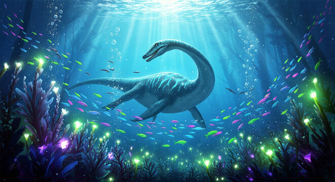 A plesiosaur swimming in a magical, bioluminescent underwater world with glowing fish and plants