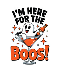 Cute ghost in martini glass with bottle and text halloween