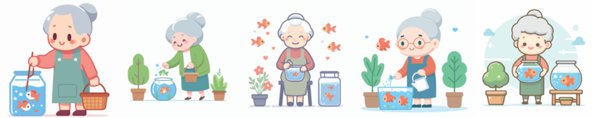 vector of grandmother raising fish