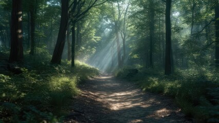 Fototapeta premium Sunlit path through a misty forest (2)