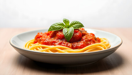 Spaghetti with tomato sauce and basil, studio lighting. White tone