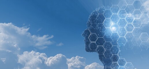 Profile of a head, superimposed with a network of hexagons, set against a vibrant blue sky with fluffy white clouds