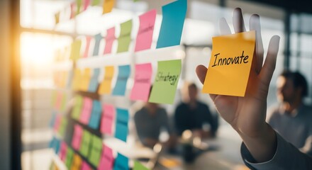 Brainstorming session with sticky notes.