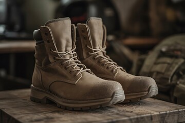 A Pair of Sturdy Tan Leather Military-Style Boots Resting on a Wooden Surface, Ready for Any Adventure or Task.