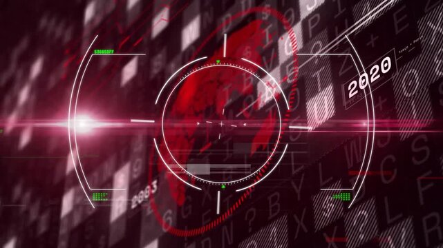 Grid loading, reticle pulsing over globe while rings spinning and tiles shifting showing timeline