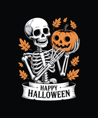 Skeleton holding jack o lantern with happy halloween banner