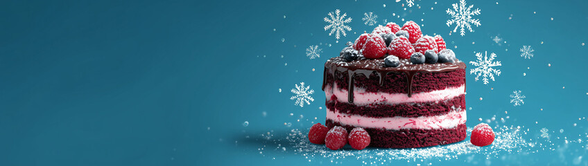 Festive Red Velvet Cake with Berries and Snowflakes