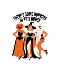 Stylish Halloween Trio – Witch, Pumpkin Head, and Ghost with Spooky Text