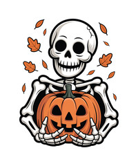 Smiling skeleton holding a jack o lantern with falling leaves