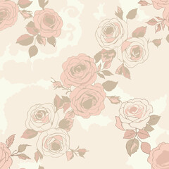 Elegant floral rose pattern on a light cream background with paisley accents. Delicate roses in various shades of pink and cream with intricate details.
