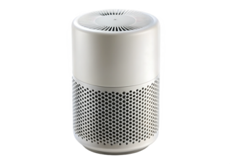 White cylindrical air purifier with perforated base and ribbed top isolated on a transparent background
