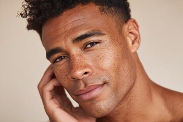 Obraz premium Close-up portrait of a man with a thoughtful expression, showcasing healthy skin tones and subtle freckles.