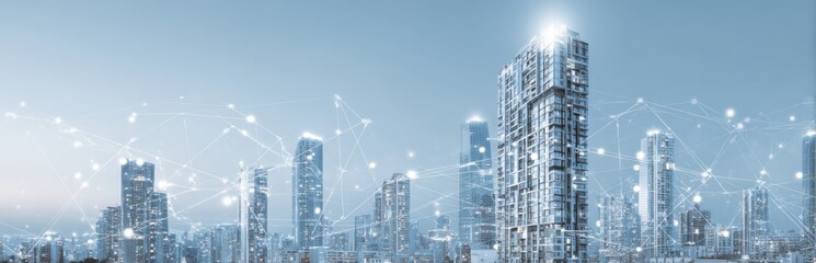 City skyline with interconnected network overlay