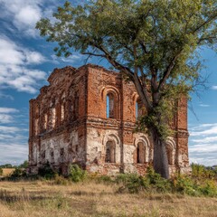 Naklejka premium Ruined brick building with large tree