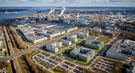 Fototapeta premium Aerial view of an urban landscape featuring industrial facilities with smoking stacks modern office parks multiple roads railway lines and a wide river with a distant bridge